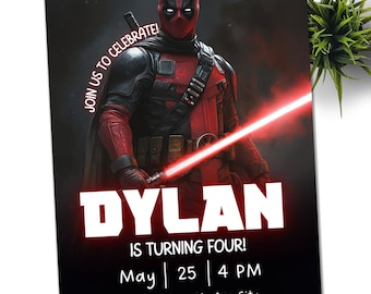 Könnte beinhalten: Eine Party-Einladung mit einer Deadpool-ähnlichen Figur, die ein rotes Lichtschwert hält. Die Einladung lautet "DYLAN WIRD VIER!" mit Datum, Uhrzeit und RSVP-Informationen. Die Figur trägt ein rot-schwarzes Kostüm.