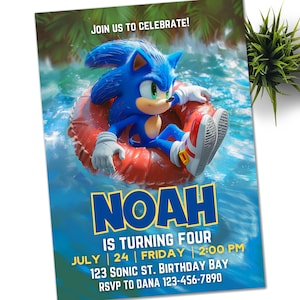 Convite para festa na piscina do Sonic, convite eletrônico para festa infantil do Super Ouriço, Hedgehog Thunder, convite digital de aniversário para menino