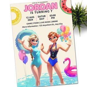 Convite de aniversário da Elsa e Anna para festa na piscina FROZEN, modelo para impressão e download instantâneo editável para aniversário de verão, convite Frozen