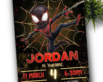 May include: A party invitation featuring a cartoon Spider-Man character against a black and gold background with a spiderweb design. The invitation reads "Join us for a celebrate!" and includes the name "JORDAN", the number "4", and the date and time.