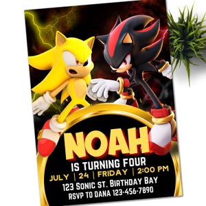 Sonic Shadow, convite Super Sonic, convite eletrônico para festa infantil Super Hedgehog, Hedgehog Thunder, convite digital de aniversário para menino