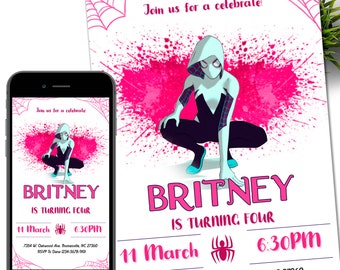Gwen Birthday Invitation, spider-verse girl birthday invite, editable Ghost Spidey invitation, Spidey Gwen party, girl spiderman birthday