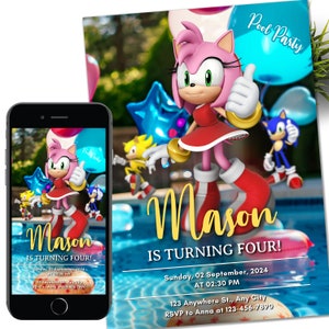 Invitation numérique d'anniversaire de fête à la piscine Sonic Amy Rose, invitation électronique à une fête d'enfants, tonnerre, invitations d'anniversaire super hérisson, cartes pour fille