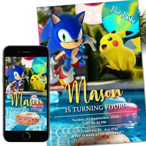 Convite Sonic Pikachu, convite eletrônico para festa infantil Super Hedgehog, Hedgehog Thunder, convite digital de aniversário para menino