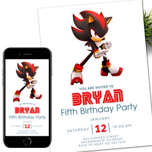 Faire-part Sonic Shadow, invitation électronique à une fête d'enfants Super hérisson, tonnerre de hérisson, invitation numérique d'anniversaire pour garçon
