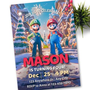 Mario Bros Luigi Weihnachten Einladung, Super Mario Geburtstagseinladung, Super Brothers Junge einladen, Videospiel, Kind einladen, Vorlage, Weihnachten
