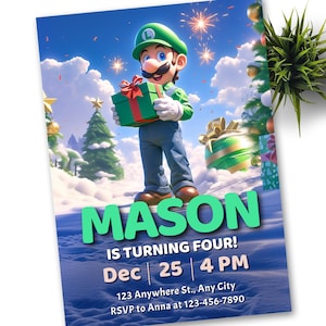 Mario Bros Luigi Weihnachten Einladung, Super Mario Geburtstagseinladung, Super Brothers Junge einladen, Videospiel, Kind einladen, Vorlage, Weihnachten