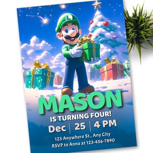 Mario Bros Luigi kerstuitnodiging, Super Mario verjaardagsuitnodiging, Super Brothers jongen uitnodigen, videogame, kind uitnodigen, sjabloon, kerst
