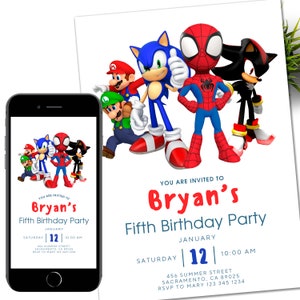 Invito Sonic e Mario Spiderman, invito elettronico alla festa per bambini Super Hedgehog, Hedgehog Thunder, invito digitale di compleanno per ragazzo