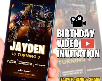 Transformers video-uitnodiging voor verjaardagsfeestje, Optimus Prime digitale geanimeerde video-uitnodiging voor mobiel, autobots-uitnodiging