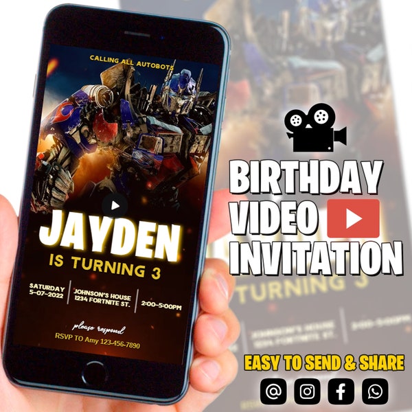 Transformers birthday party video invitation, Optimus Prime digital animated video invite for mobile, autobots invitation