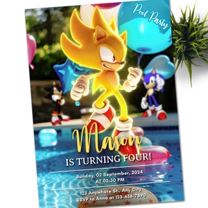 Pool Party Super Sonic Invitation, Super Hedgehog Kids Party E-invite, Hedgehog Thunder, Birthday Digital Invitation for Boy