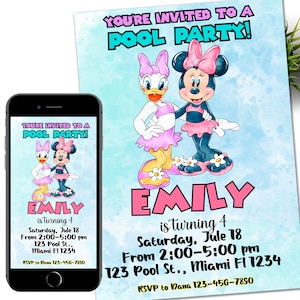 Pool Party Minnie Mouse Invitation Daisy Duck Birthday Party Minnie Mouse Birthday Invitation Minnie Mouse Editable Invitation Digital
