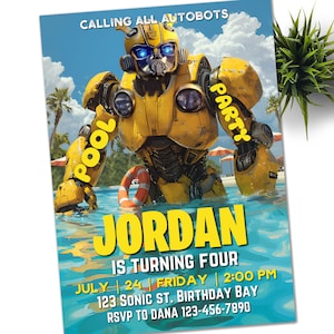 Modelo de convite de aniversário de Transformers Bumblebee para festa na piscina, convite para impressão de Rescue Bots, convite de aniversário de Autobots digitais