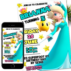Prinses perzik uitnodiging, Rosalina, perzik verjaardagsuitnodiging, Super Brothers jongen uitnodigen, videogame, Kid uitnodigen, sjabloon, Canva