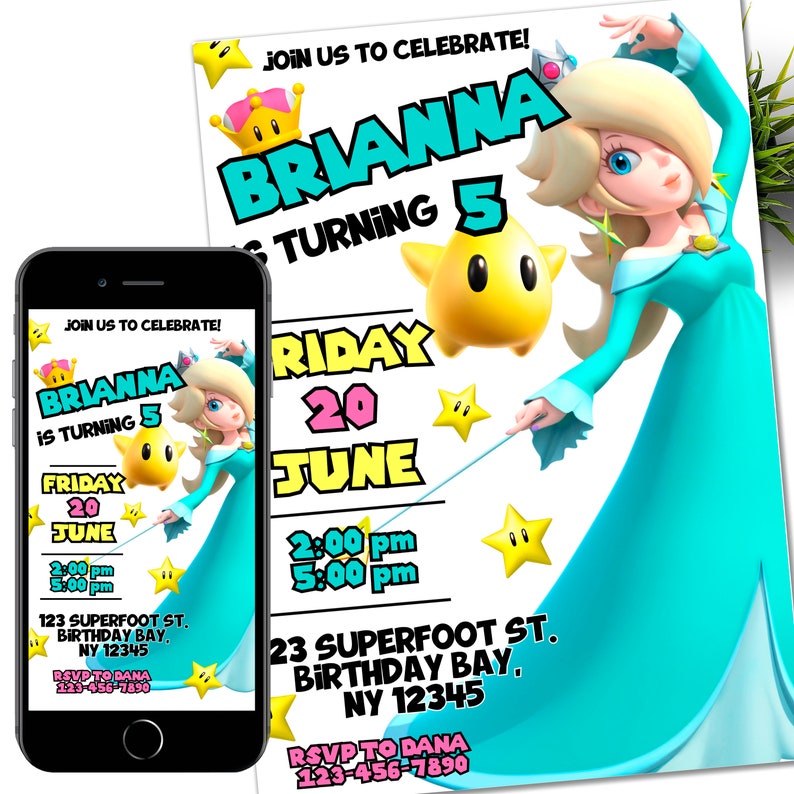 May include: A birthday invitation featuring a cartoon character from the Super Mario franchise. The invitation is for Brianna's 5th birthday party. The invitation is for Friday, June 20th, from 2:00 pm to 5:00 pm. The address is 123 Superfoot St., Birthday Bay, NY 12345. RSVP to Dana at 123-456-7890.