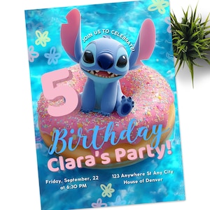 Modelo de convite para festa na piscina e etiqueta para lembrancinhas do Stitch Birthday, convite de aniversário editável, convite para festa de aniversário do Lilo Stitch Angel
