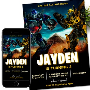 Könnte beinhalten: Eine Geburtstagseinladung mit dem Text "JAYDEN WIRD 3" und "RUFT ALLE AUTOBOTS". Das Design zeigt Transformers-Charaktere und Veranstaltungsdetails. Gezeigt auf Smartphone und gedruckter Karte.