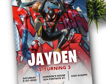 Invitación de cumpleaños con acuarela de Miles Morales (baloncesto) - Plantilla de Canva para tarjeta de fiesta de superhéroe para niño