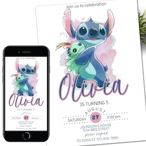 Bearbeitbare Stitch-Geburtstagseinladung und Favor Tag-Vorlage, Canva bearbeitbare Geburtstagseinladung, Lilo Stitch Angel-Geburtstagsfeier-Einladung
