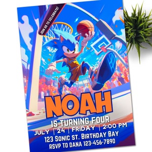 Faire-part de basket-ball Sonic Dunk, invitation électronique à une fête d'enfants Super hérisson, tonnerre de hérisson, Invitation numérique d'anniversaire pour garçon