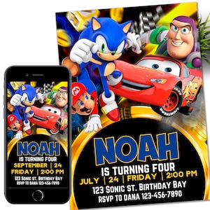Sonic and mcqueen Mario Buzz Invitation, Super Hedgehog Kids Party E-invite, Hedgehog Thunder, Birthday Digital Invitation for Boy