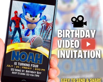 May include: A blue and yellow birthday invitation for a boy named Noah turning four. The invitation features a cartoon image of Sonic the Hedgehog and Spider-Man. The text on the invitation reads "Noah is turning four, July 24, Friday, 2:00 PM, 123 Sonic St. Birthday Bay, RSVP to Dana 123-456-7890".
