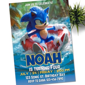 Sonic uitnodiging voor zwembadfeest, e-uitnodiging Super Hedgehog kinderfeestje, Egel Thunder, digitale verjaardagsuitnodiging voor jongen