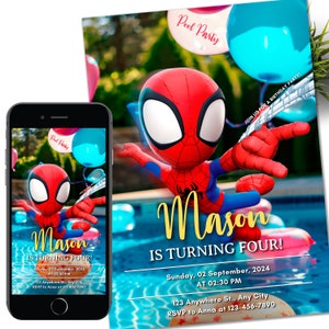 Convite para festa na piscina do Spidey Convite para festa de aniversário de seus amigos incríveis Convite para festa de aniversário do Spidey Modelo editável para web Download instantâneo Digital