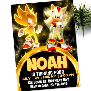 Super Sonic Gold, Super Shadow Invitation, Invitation électronique à une fête d'enfants Super Hedgehog, Hedgehog Thunder, Invitation numérique d'anniversaire pour garçon