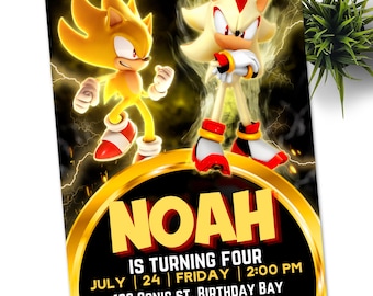 May include: A birthday invitation featuring the characters Sonic and Shadow from the video game Sonic the Hedgehog. The invitation is gold and black with the name Noah and the text "Is turning four" in yellow. The date, time, and location of the party are also included.