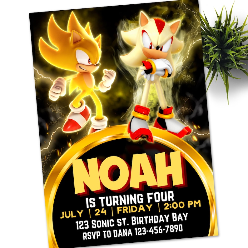 May include: A birthday invitation featuring the characters Sonic and Shadow from the video game Sonic the Hedgehog. The invitation is gold and black with the name Noah and the text "Is turning four" in yellow. The date, time, and location of the party are also included.