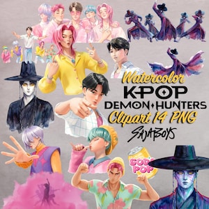Puede incluir: Ilustración en acuarela de KPOP Demon Hunters, con varias figuras masculinas con atuendos coloridos. La imagen incluye el texto "Watercolor KPOP Demon Hunters Clipart 14 PNG SAJA BOYS" y una lata de refresco.