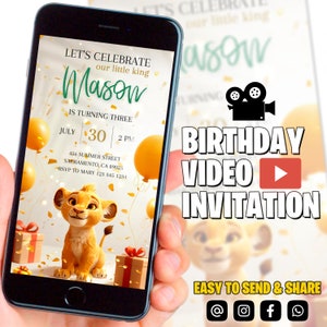Convite de vídeo do Rei Leão, convite eletrônico para festa infantil do leão, convite digital de aniversário para menino e menina