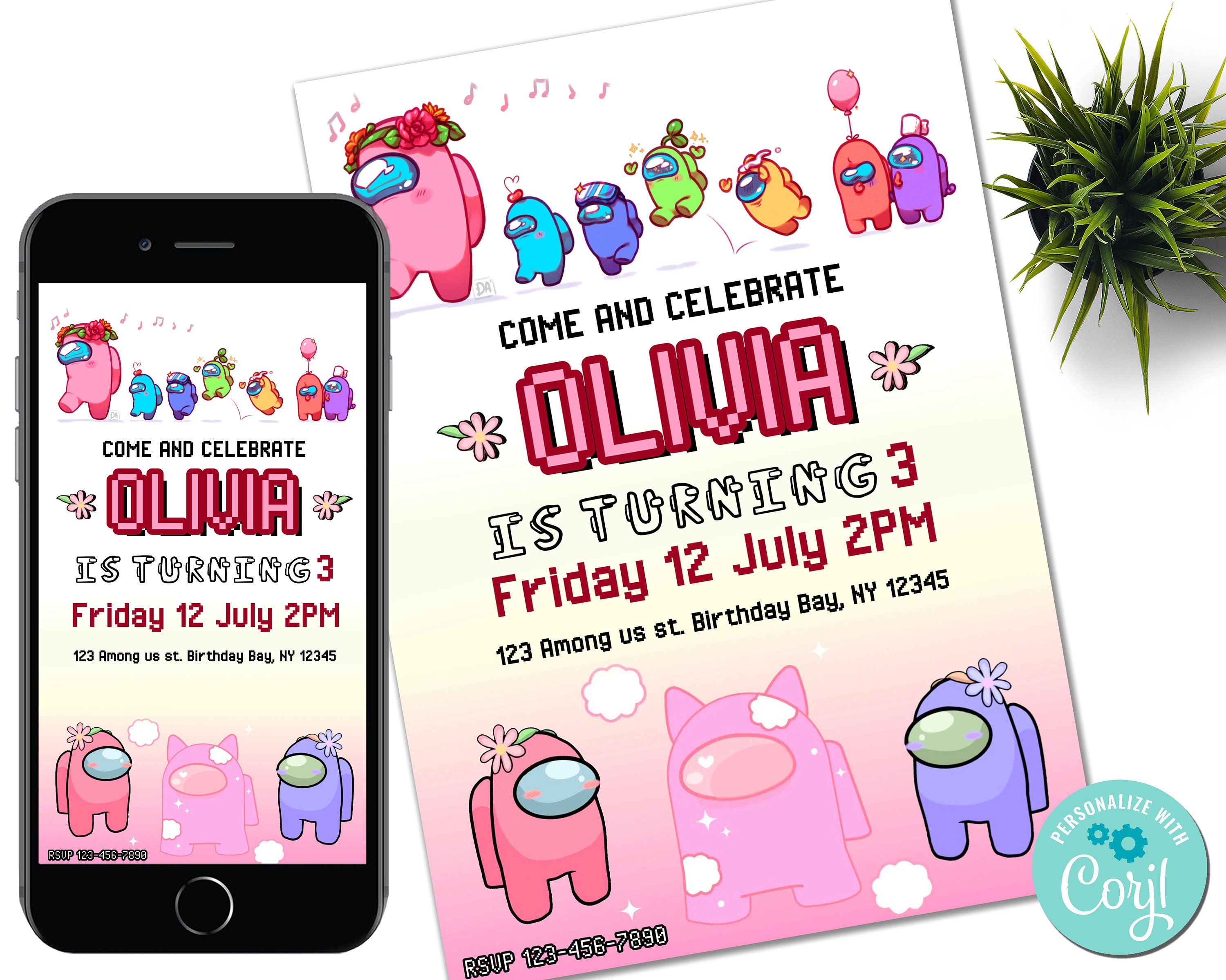 Kids Editable Birthday Among Us Invitation Pink Template - Etsy