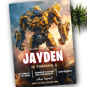 May include: A party invitation featuring a yellow and black robot character against a fiery sky background. The invitation reads "CALLING ALL AUTOBOTS" and announces "JAYDEN IS TURNING 3." Details include the date, time, location, and RSVP information.