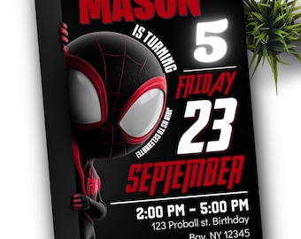 May include: Black invitation card with a red and black Spider-Man graphic. The text reads "MASON IS TURNING 5" with the date "FRIDAY 23 SEPTEMBER". Additional text includes the time, address, and RSVP information.