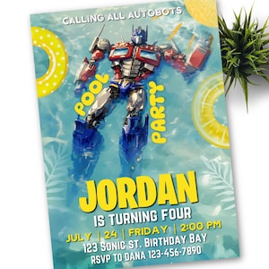 Modelo de convite de aniversário para festa na piscina Optimus Prime Transformers, convite para impressão Rescue Bots, convite de aniversário digital Autobots