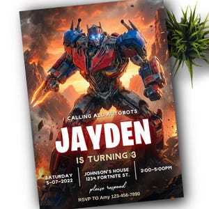 Könnte beinhalten: Geburtstagseinladung mit einer Roboterillustration vor einem feurigen Hintergrund. Der Einladungstext enthält "CALLING ALL AUTOBOTS" und "JAYDEN IS TURNING 3". Details umfassen Datum, Uhrzeit und RSVP-Informationen.