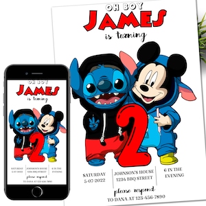 Modèle d'invitation d'anniversaire Mickey Mouse au point modifiable et modèle d'étiquette de faveur, faire-part d'anniversaire modifiable toile, anniversaire des anges Lilo Stitch