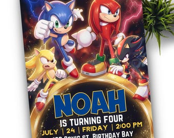 May include: A birthday party invitation featuring Sonic the Hedgehog characters. The invitation includes the name "NOAH", the age "FOUR", date, time, and address. The design showcases Sonic, Knuckles, Shadow, and Super Sonic against a background of lightning.