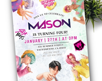 May include: A birthday party invitation with the text "MASON IS TURNING FOUR!" and the date January 27th at 3 PM. The invitation features cartoon illustrations of young men and a soda can. RSVP details are included.