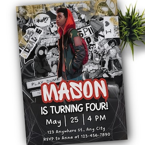 May include: A personalised invitation card with a young man in a red hoodie and green jacket, set against a backdrop of black and white graphics. The card states "MASON IS TURNING FOUR!" with date and time details.