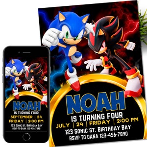 Convite Sonic Shadow, convite eletrônico para festa infantil Super Hedgehog, Hedgehog Thunder, convite digital de aniversário para menino
