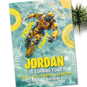 Modelo de convite de aniversário de Transformers Bumblebee para festa na piscina, convite para impressão de Rescue Bots, convite de aniversário de Autobots digitais