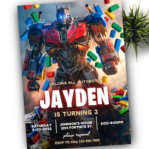 Könnte beinhalten: Eine Geburtstagseinladung mit einer detaillierten Illustration von Optimus Prime in Rot, Blau und Silber. Die Einladung enthält den Namen "JAYDEN" in großen weißen Buchstaben sowie Party-Details und den Satz "CALLING ALL AUTOBOTS".