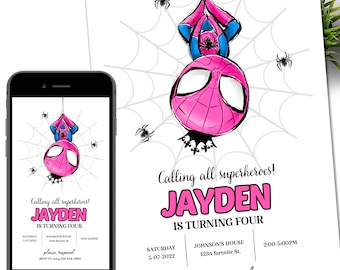 Spider Girl Crown Birthday Invitation, spider-verse girl birthday invite, editable Spidey invitation, Spidey Pink party, girl spiderman