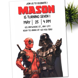 Deadpool Invitation Star wars, Deadpool Birthday Invitation, Deadpool Invite, Superhero Invitation, 5x7 Digital file invite