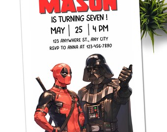 Könnte beinhalten: Geburtstagseinladung mit Deadpool und Darth Vader. Der Einladungstext lautet "MASON WIRD SIEBEN!" mit dem Datum 25. Mai um 16:00 Uhr und RSVP-Details. Das Design ist im Comic-Stil.