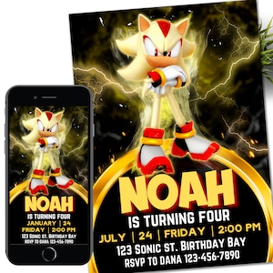 Faire-part Sonic Gold, invitation électronique à une fête d'enfants Super hérisson, tonnerre de hérisson, invitation numérique d'anniversaire pour garçon